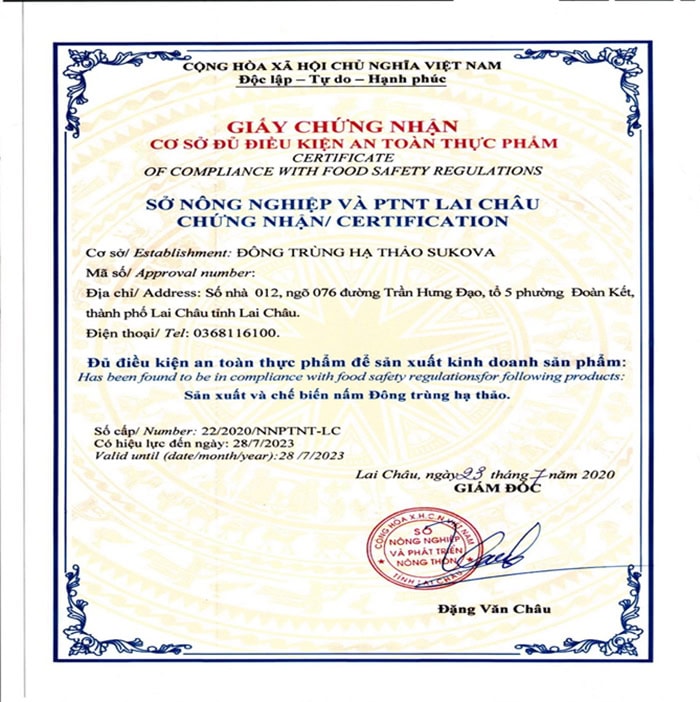 Giấy chứng nhận đông trùng hạ thảo Sukova an toàn